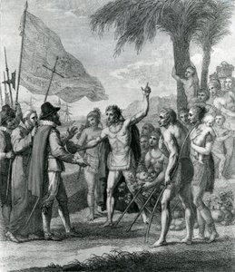 Un cacique indio de la isla de Cuba dirigiéndose a Colón (1451-1500) sobre un estado futuro, frontispicio de 